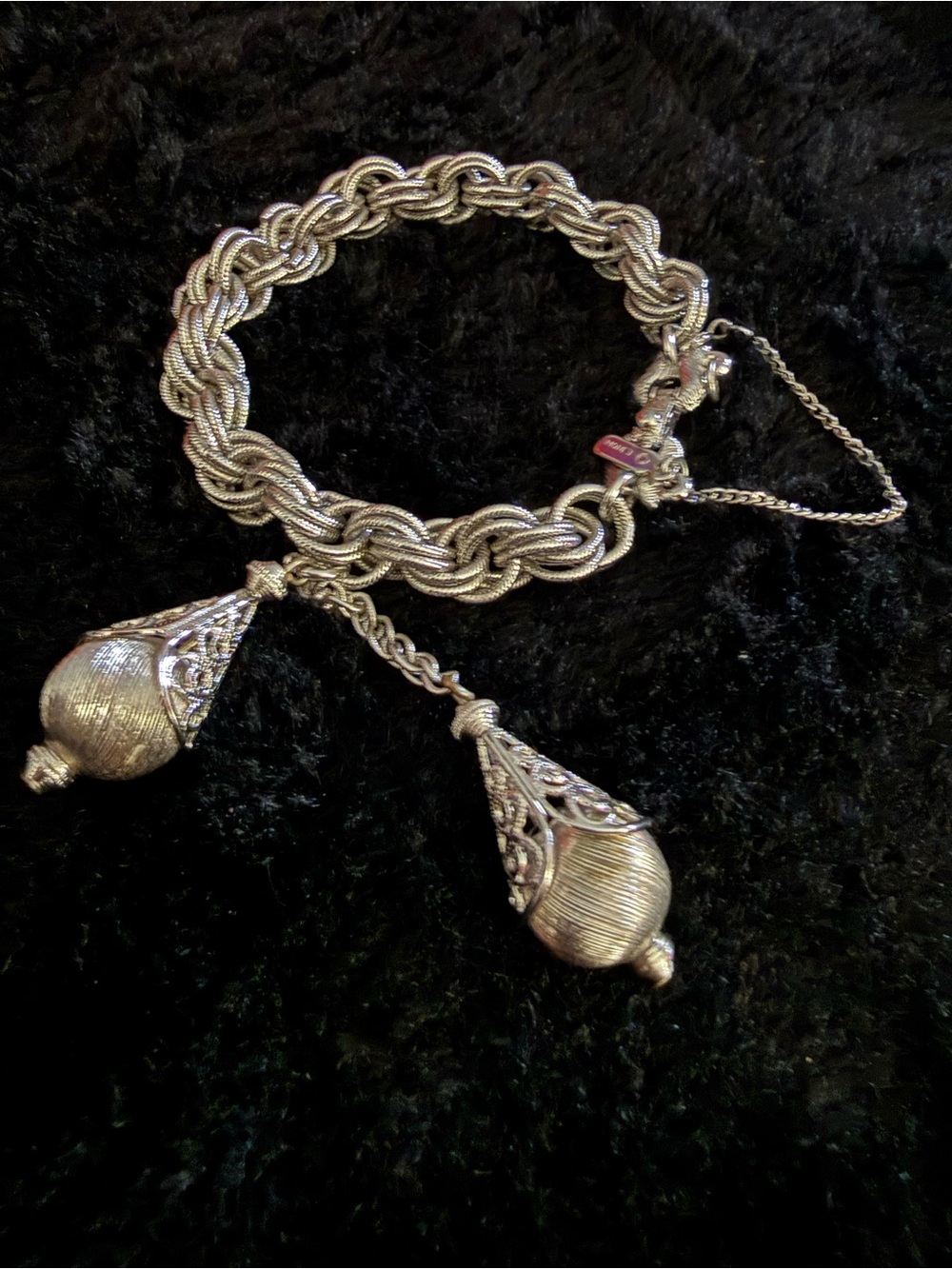 Vintage Monet Bolero Charm Bracelet 1961 Book Piece Silver Rhodium Safety Chain